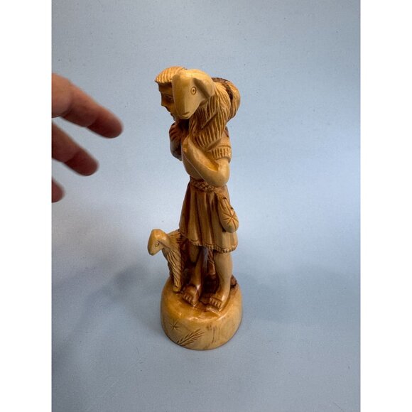 Vintage Hand Carved Olive Wood "The Good Shepherd" Figurine 7" - Picture 7 of 8
